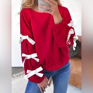 Contrast Bow Round Neck Long Sleeve Sweatshirt